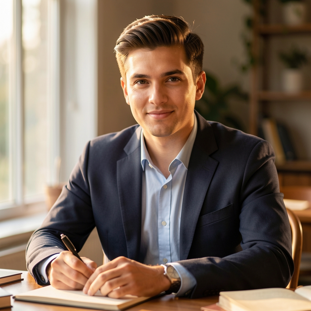 Editorial portrait of a man journalling at a clean wooden desk in a well-lit Jakarta workspace, soft natural daylight from a side window