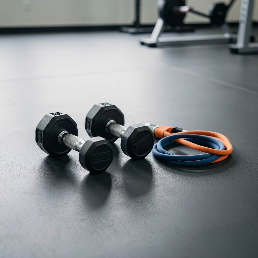 Weights and resistance band arranged on a clean gym floor surface, editorial composition with neutral lighting