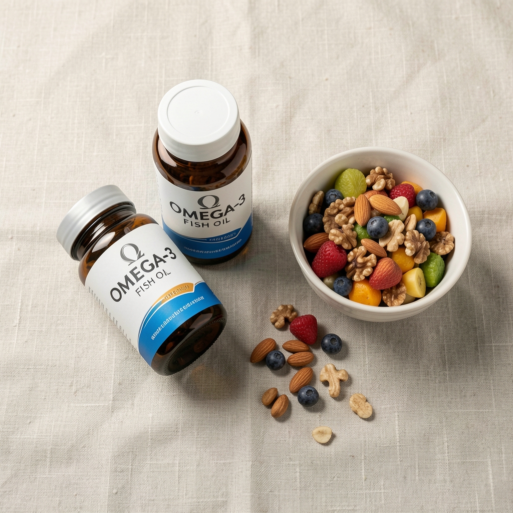 Omega-3 fish oil supplement containers and a small bowl of mixed whole foods arranged on a pale linen surface, editorial overhead composition